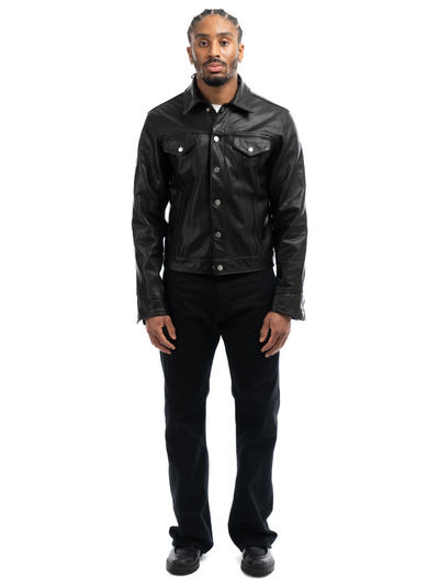Black leather top trucker jacket